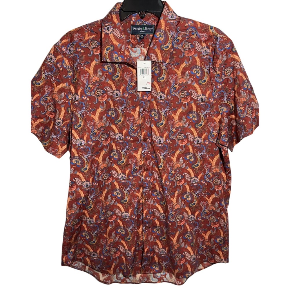 Paisley‎ & Gray Slim Fit Shirt Paisley Button Short Sleeve Burg multi  Size XL